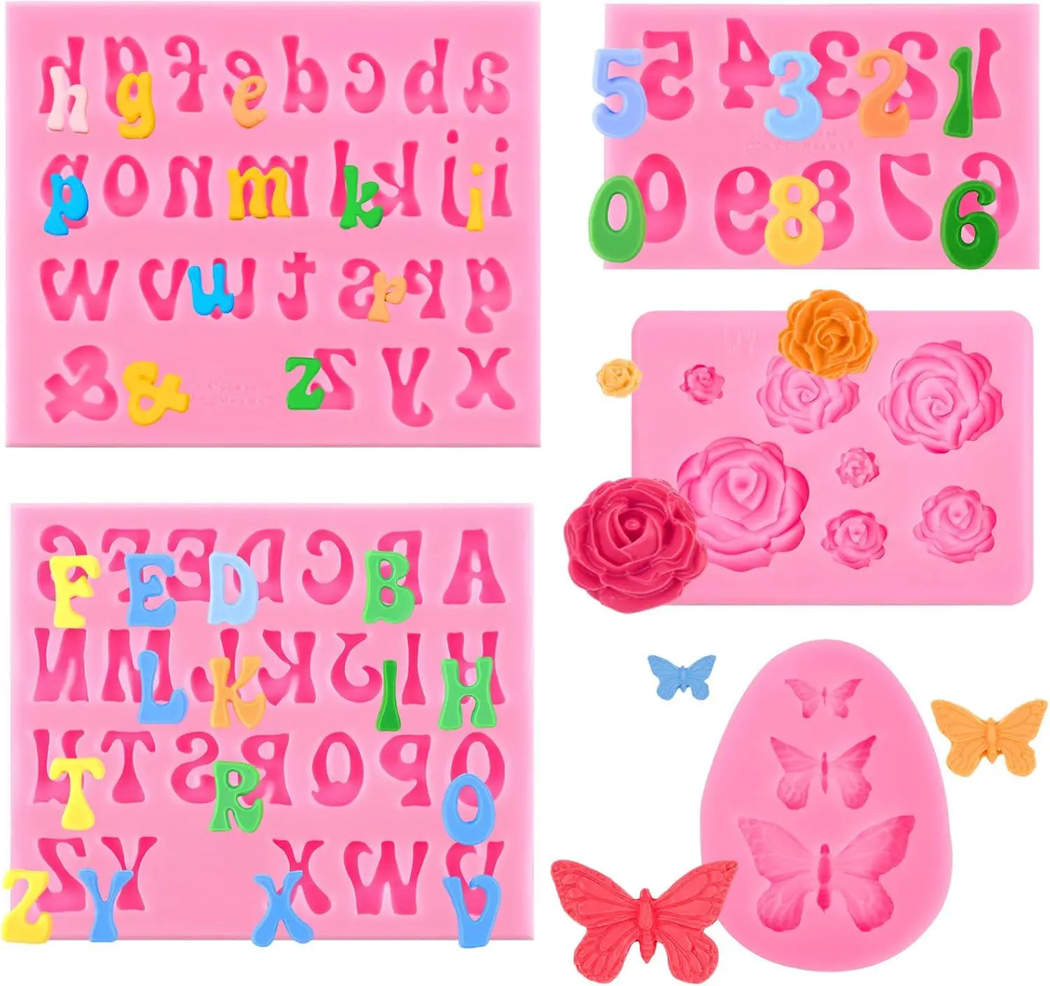 5 PCS Reusable Silicone Bakeware Mold Set - 1pc Butterfly Mold, Letter/Rose/Butterfly Cute Shapes, Non-Stick, -40°F~446°F, for Birthday Cake Decoration, Cupcake Toppers
