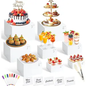 8 count White Buffet Risers with Mini Table Sign, Serving Tongs,   Risers for Buffet Table Display Stand Shelf for Party Catering Dessert  Collectibles (Size 9" 8" 7" 6" 5" 5" 4" 4")