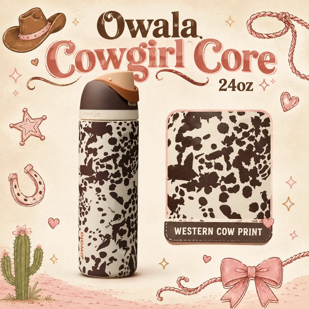 Owala Western Cow Print Water Bottle 24oz, Cowgirl Core FreeSip Stainless Steel Bottle