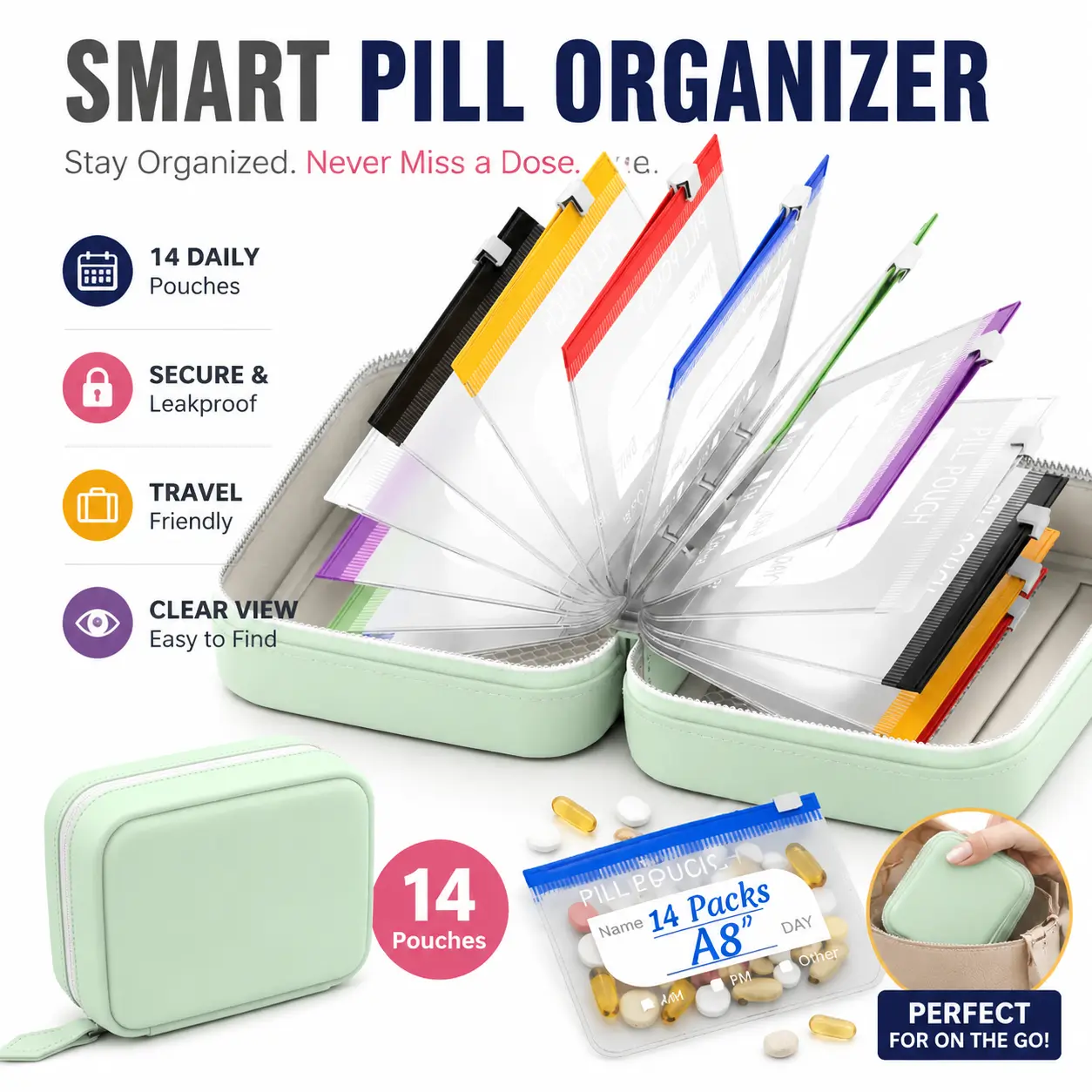 A8 Waterproof Pill Organizer Pouch Set A8 Weekly Pill Case with 14 Color Coded Pouches Reusable Travel Pill Organizer Portable Vitamin Storage Bag Zippered Pill Holder for Daily Organization