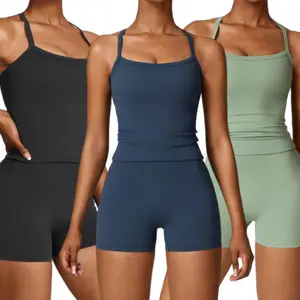 Two-piece Set Women's Solid Color Backless Crop Cami Top & High Waist Shorts Tracksuit Set Workout Yoga Spandex Sporty Breathable Outfits