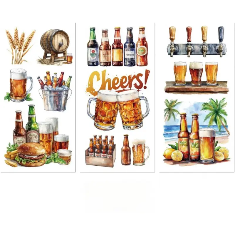 Rub on Transfer Decal Sticker Unique Artwork Design for Furniture Craft Home Decor 6"x12" Beer Beverage, 3Pcs Waterproof UV DTF Transfer for Drawer Dresser Glass Porcelain Plastic