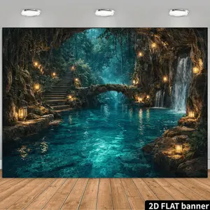 A 2D Fantasy Forest-Themed Backdrop Featuring Rocky Caves, Waterfalls, Clear Ponds, Stone Steps, Ancient Tree Roots, Glowing Mushrooms, Lanterns, Forests, And Mist. Made of Durable Polyester