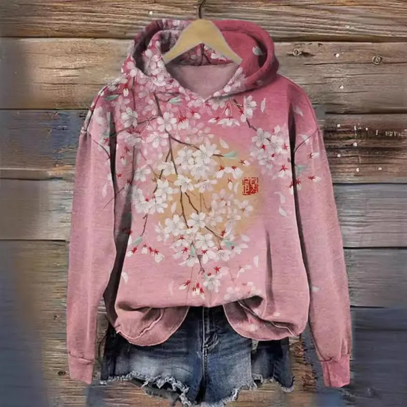 Even shirt trend Japanese ethnic style cherry blossom art print national tide loose autumn and winter retro Even shirt trend Japanese ethnic style cherry blossom art print national tide loose autumn and winter retro