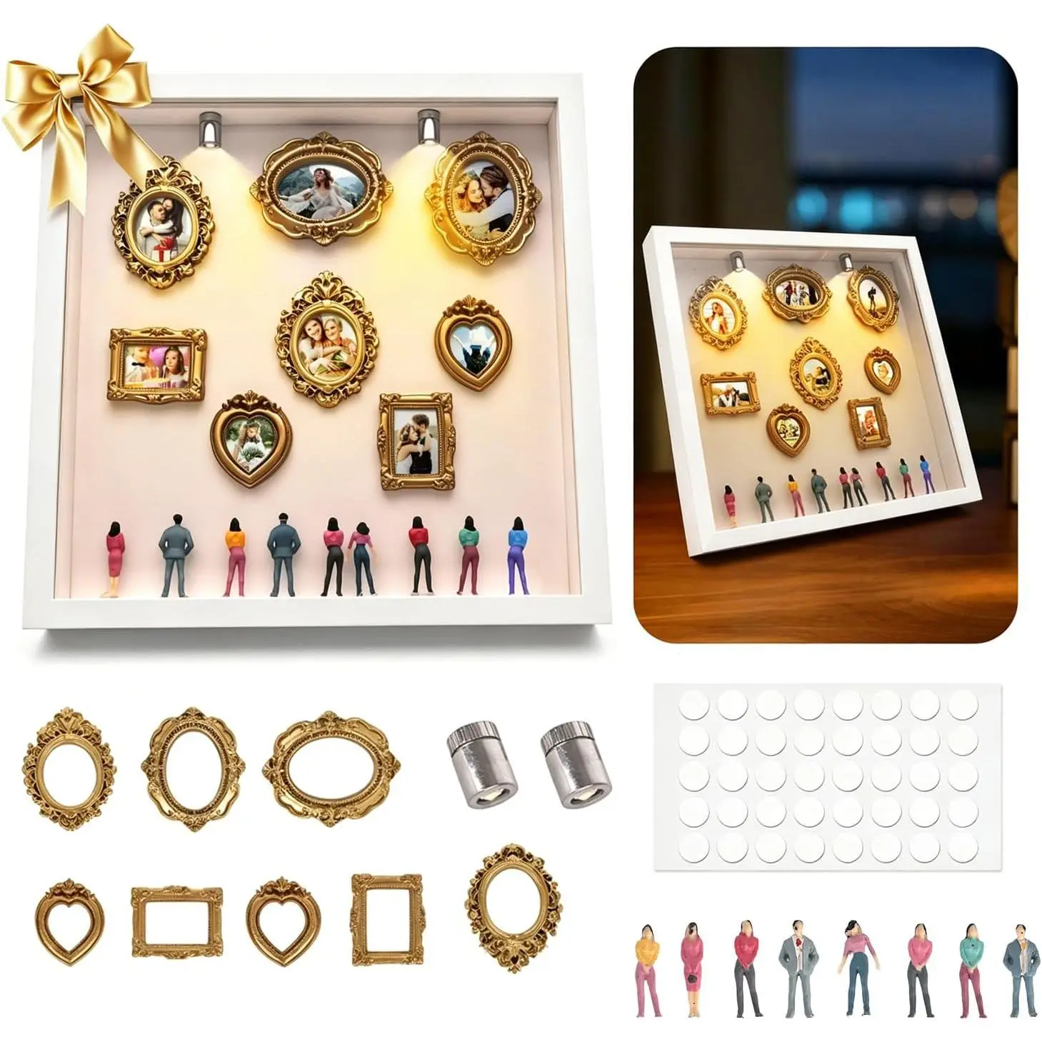 Customizable Gold Mini DIY Photo Frame Silhouette Box Kit - 16-Piece Upgrade Shadow Box with Miniature Museum, Figurines, Build Personalized Stories, Home Decor Gift for Anniversary, Valentine's Day