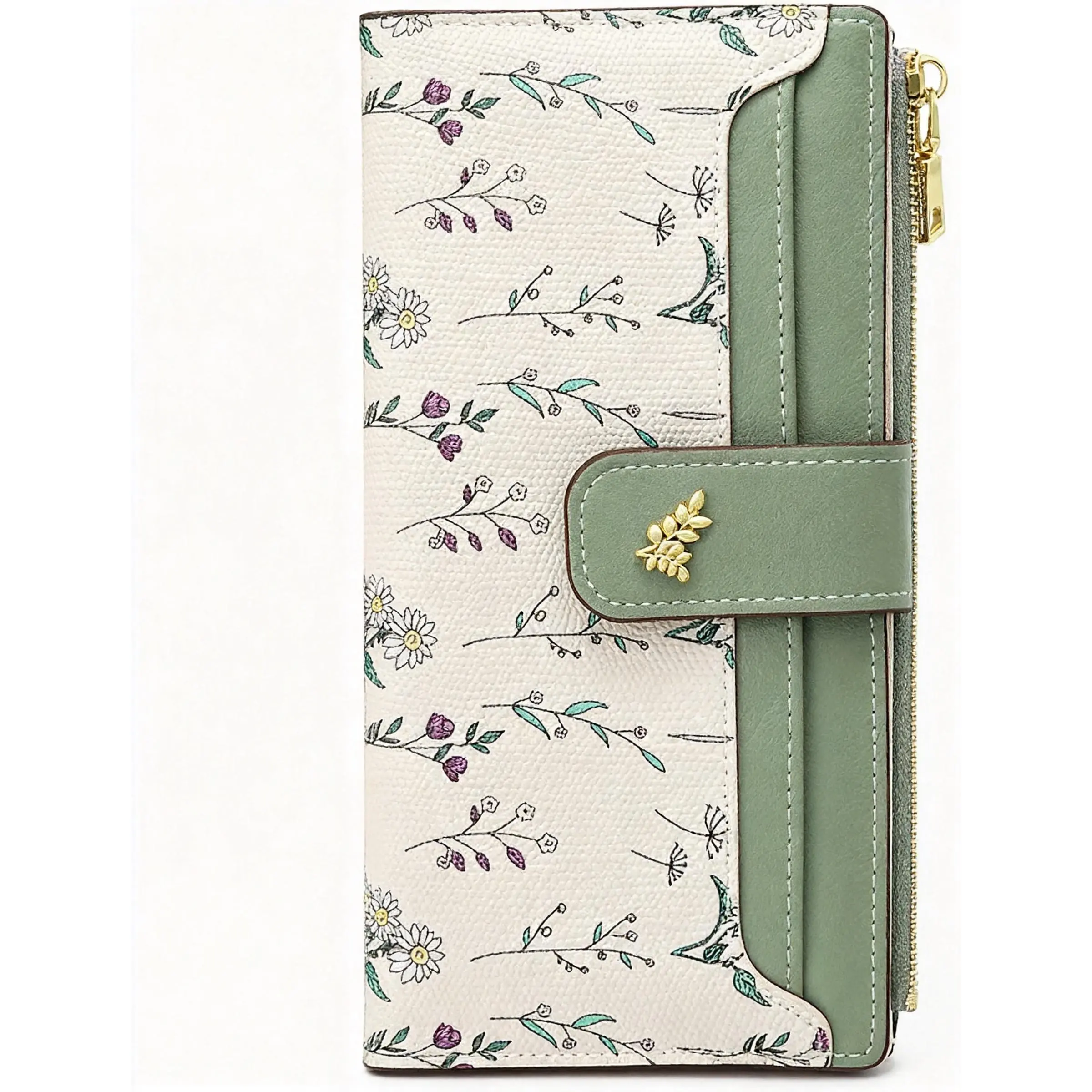 Floral RFID Blocking Vegan Leather Wallet Slim Bifold Card Holder With Zipper Pocket For Women Travel Gift