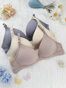 3 pieces of deep V women's lingerie, ribbed fabric, simple style, comfortable and breathable girl's bra, new women's lingerie,-underwire bra, casual bra, suitable for all seasons, daily versatile bra.