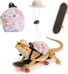 Bearded Dragon Clothes Lizard Toy - Mini hat,Skateboard,Backpack Gifts for Reptiles Pet - Cute Bearded Dragon Costume Accessories for Lizard Iguana Reptiles Small Animals (Pink Dinosaur)