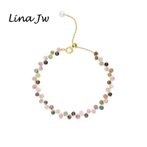JEWELRY4U - 3MM Natural Stone Tourmaline Bracelet on Hand For Women Jewelry Party Wedding Luxury Gift  Amethyst Handmade Adjustable Bangle