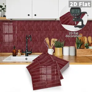 10 PCS GST Burgundy Red Vertical Striped PE Crystal Foam Tile Stickers, Waterproof Oil-Proof Anti-Collision Self-Adhesive Wall Decals for Kitchen Bathroom Ceiling Old Wooden Boards