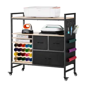 VEVOR Rolling Craft Cart and Storage Table,  Compatible with Cricut Machines, Crafting Table Organization Workstation, Craft Rolling Storage Organizer with 20 Vinyl Roll Holders and 3 Drawers, Black