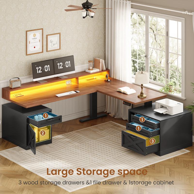 SEDETA 70.1 Inch Farmhouse L Shaped Standing Desk Electric Height Adjustable Executive Desk with Drawers Power Outlet Printer Stand Monitor Stand Led Lights