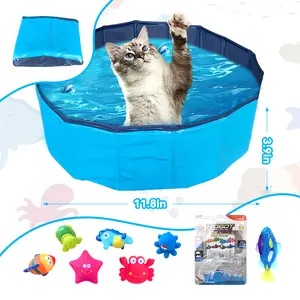 Foldable Cat Pool with Interactive Fish Toys, Portable Cat Bath Tub for Indoor Cats, Summer Cooling Cat Water Play Toy Set