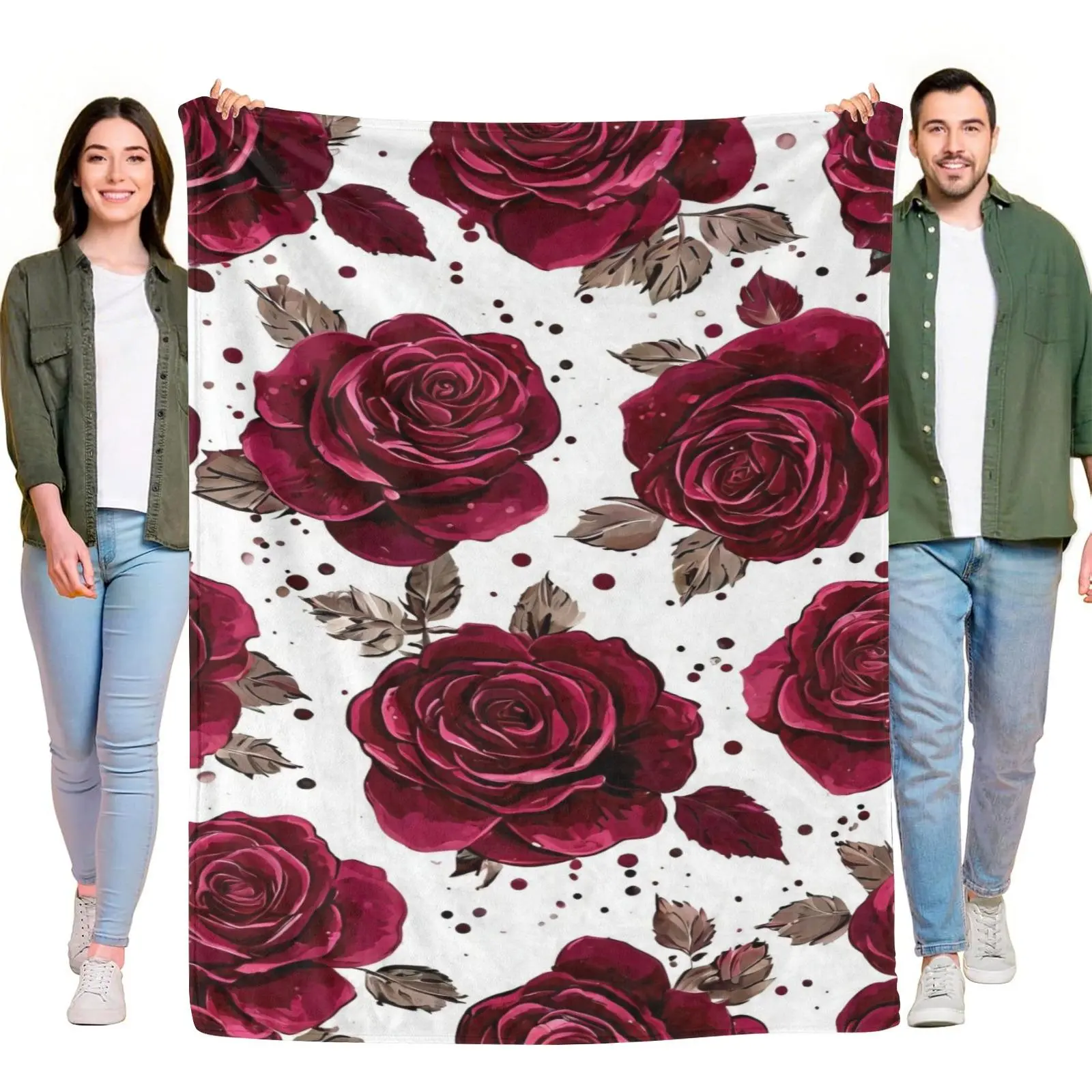 Flannel Blanket Burgundy Red Rose Watercolor Floral Print Throw Blanket Elegant Botanical Soft Warm Blanket Bedroom Couch Decor Holiday Gift Blanket
