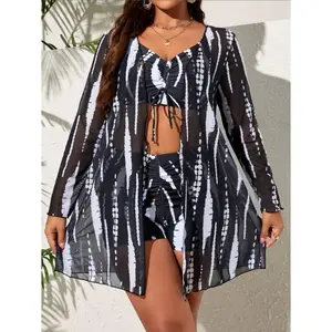 Women's 3-Piece Tie Dye Rash Guard Swimsuit Set - Black White Long Sleeve Cover Up, High Waisted Ruched Bikini, Geometric Print Summer Beachwear | Bathing Suit Women Set, Swim Sets For Women Modest Swimdress with Skirt