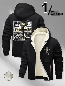 Men's Winter Fleece Lined Hoodie, Camo Cross Print, Casual Style, Outdoor Faith Windbreaker, Warm Daily Wear, Hard Han Jacket