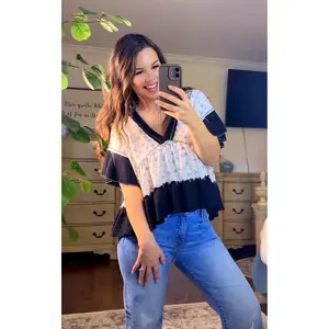 Black Pol Floral Ruffle Top