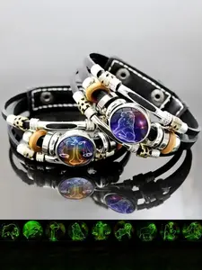 Glow-in-the-Dark Leather Zodiac Bracelet 12 Constellation Horoscope Jewelry for Men Women Premium Genuine Leather Adjustable Strap Vintage Wrap Design Ideal Gift for Astrology Lovers