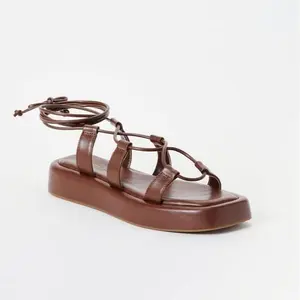 JUST FAB Women's Chunky Leather Lace-Up Platform Gladiator Sandals, Adjustable Ankle Wrap Design Footwear for Summer Walking