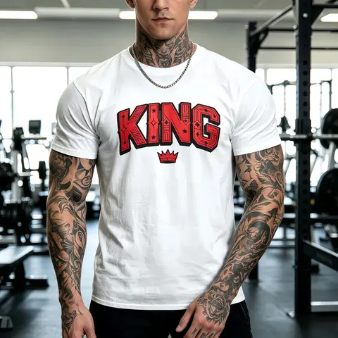 Men’s KING Crown Pattern Crew Neck T-Shirt, 100% Cotton, Soft & Breathable Short Sleeve — Fashion Streetwear for Gym Workouts, Casual Everyday Wear, Sports Casual Apparel, Crew Neck, Summer Outfit