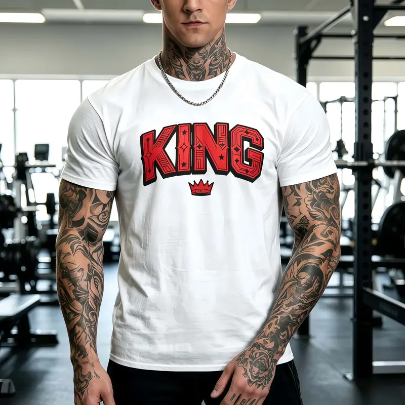 Men’s KING Crown Pattern Crew Neck T-Shirt, 100% Cotton, Soft & Breathable Short Sleeve — Fashion Streetwear for Gym Workouts, Casual Everyday Wear, Sports Casual Apparel, Crew Neck, Summer Outfit