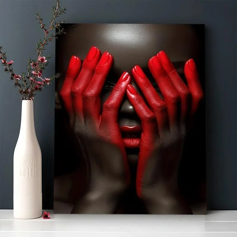 1pc Red Artistic Hands & Face Wood Photo Print - Modern Abstract Framed Wall Decor, Ready to Hang, Ideal for Living Room, Perfect Gift for Thanksgiving, Christmas
