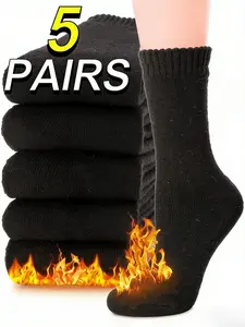 5 Pairs Thickened Women's Winter Warm Socks, Outdoor Hiking Crew Socks, Soft Comfortable Towel Bottom, Home Sports Socks
