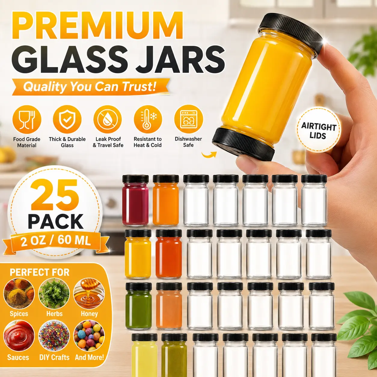 25 Pack 2 oz Glass Shot Bottles w/ Black Lids & 25 Labels - Small Clear Jar for Ginger, Wellness Shot, Juice, Sample, Whiskey - Travel Essentials Mini Bottles - Wide Mouth, Leakproof, Dishwasher Safe