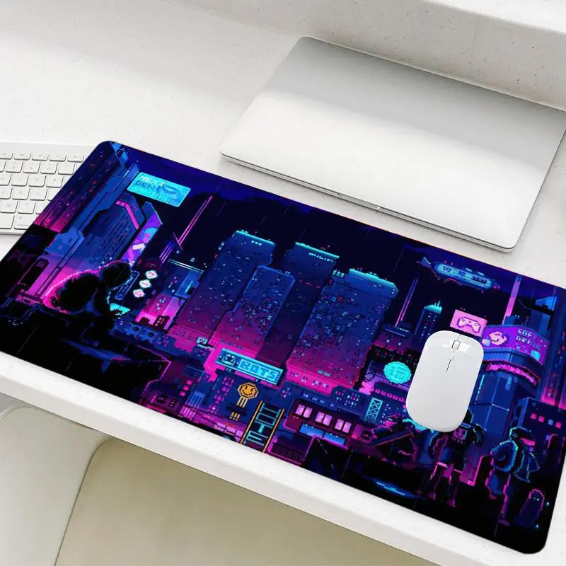 Neon Cyberpunk Cityscape Gaming Mouse Pad, Large Pixel Neon Cyberpunk Cityscape Gaming Mouse Pad, Aesthetic Computer Mat for Desk