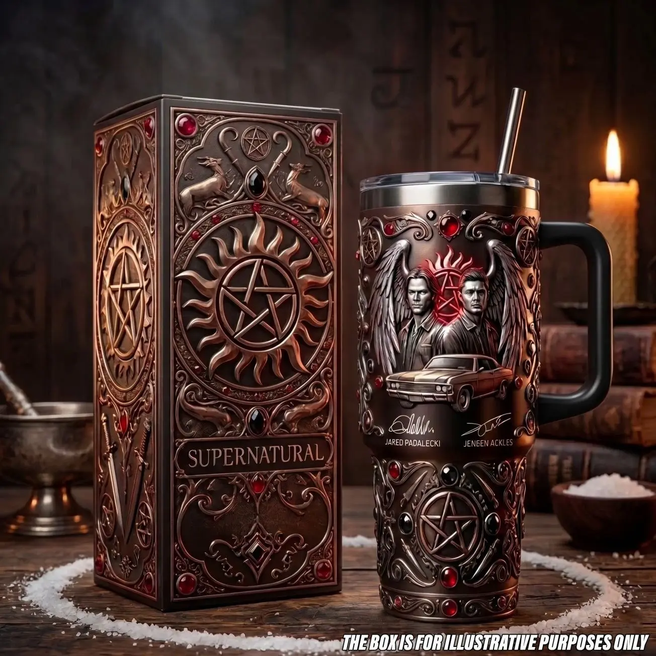 Supernatural Sam And Dean Winchester Tumbler with Handle, 40oz Insulated Stainless Steel Travel Mug Straw, Chevy Impala Anti Possession Pentagram Car Cup, TV Show Fantasy Apparel Drinkware, Vintage Retro Style Travel Coffee Mug Supernatural Fans