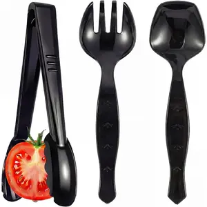 36 Pcs Disposable Serving Utensils Set - 9 Inch Black Tongs, Forks, Spoons for Restaurants, Catering, Party Supplies, Buffet, Wedding, Picnic
