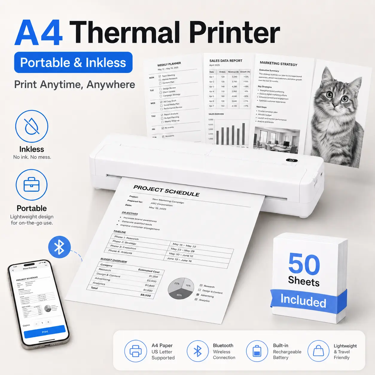 ZRZTM Portable A4 Thermal Printer, 203 DPI Inkless Bluetooth Mobile Printer, USB-C 2000mAh Rechargeable Wireless Printer with 50 Sheets of 210 x 297 mm A4 Thermal Paper, for iOS Android Laptop, Travel Office School & Gifts