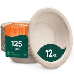 Paper Bowls,  Compostable Disposable Soup Bowl [125-Pack] 12 oz. Heavy Duty, , Biodegradable Bagasse Hot  Plates and Bowls -  Brown (BPI Certified) (-Free)