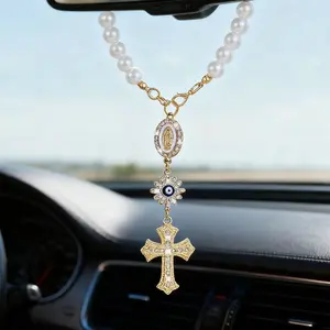 Elegant Car Interior Decorations, Devil Eye Virgin Mary Cross Pendant with Pearl Chain, Shiny Diamond Cross Rearview Mirror Charm, Car Hanging Decoration