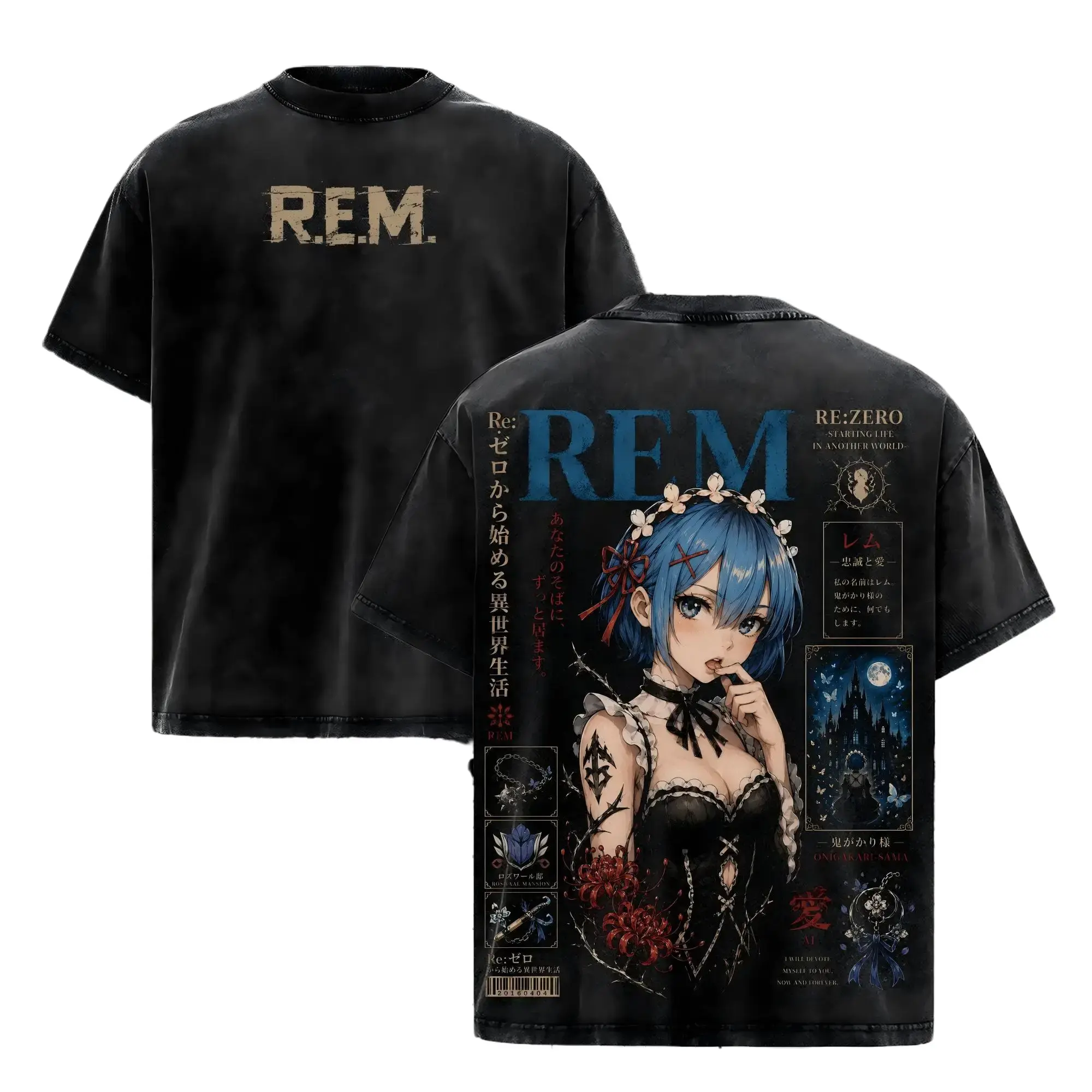 ST Re:0 Starting Life in Another World Unisex Cotton Distressed T-Shirt - Blue Oni Maid Anime Graphic, Back Print Vintage Manga, Men's Streetwear Top for Anime Enthusiasts