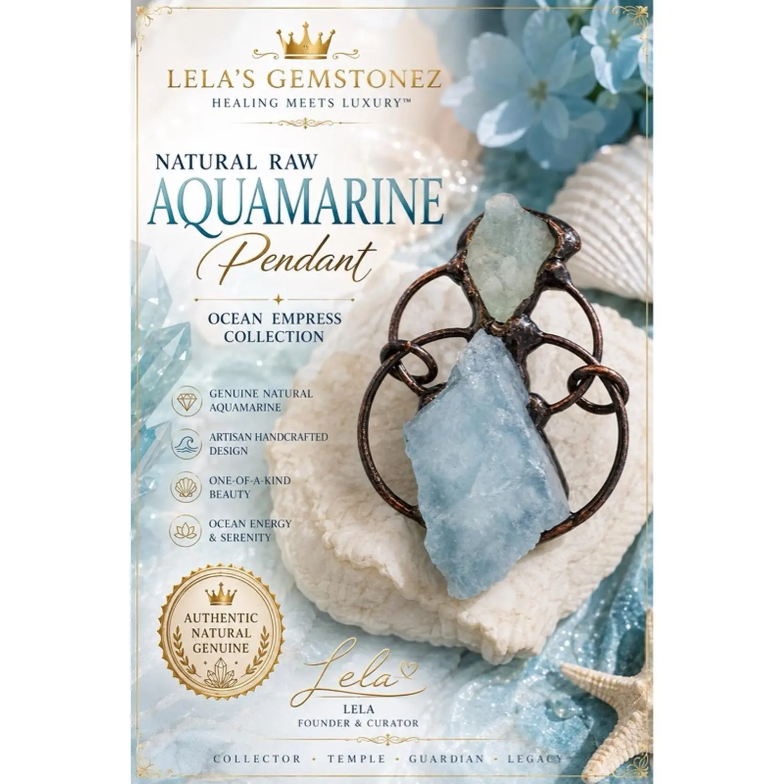 Lela's Gemstonez Ocean Empress Collection Raw Aquamarine Artisan Handcrafted Dark Copper Setting Genuine  Crystal