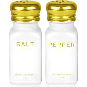 Gold Salt and Pepper Shakers Set by Brighter Barns - Modern Kitchen Decor, White and Gold Kitchen Decor & Accessories - Vintage Glass Shakers with Stainless Steel Lids for Home, Restaurant