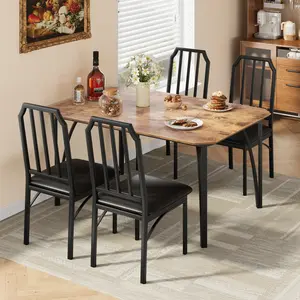 Summervibes Flash Sale Home Items: Space-Saving 5-Piece Dining Table Set with Chamfer Design, Rectangular Wood & Metal Table, 4 Cushioned Chairs, Rustic Brown & Grey, Ideal for Small Apartments, Kitchen, Dining Room