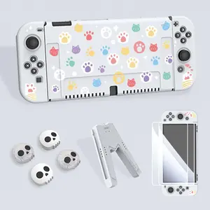 Cute Cat Paw Pattern Game Console Protective Case with Tempered Film & V-shaped Grip & Rocker Cap, Anti-drop Game Console Accessories for Switch OLED/NS, Controller Grips