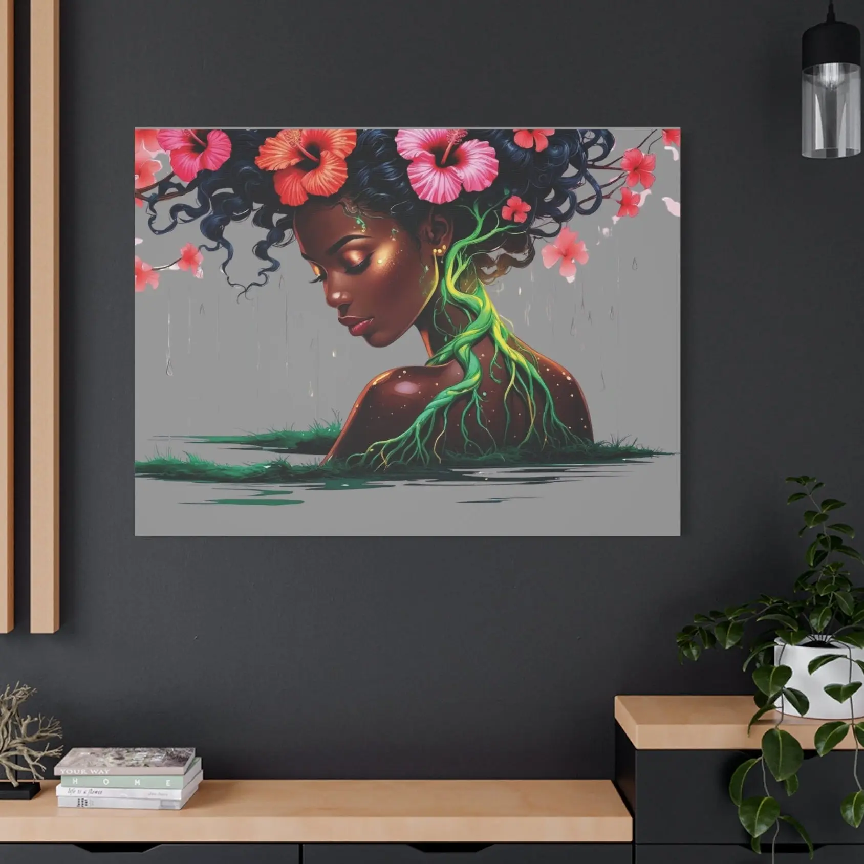 Afro Nature Goddess Matte Canvas Print - Floral Hair, Rooted Earth Artwork, Pine Wood Hanging Room Decor
