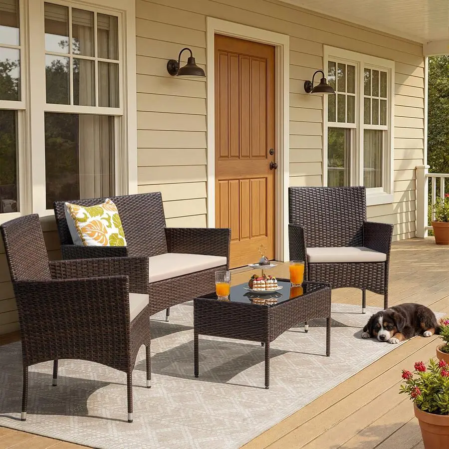 4 Pieces Patio Conversation Set Outdoor PE Rattan Wicker Chairs Set With Table Padded Toddler Bean Bag