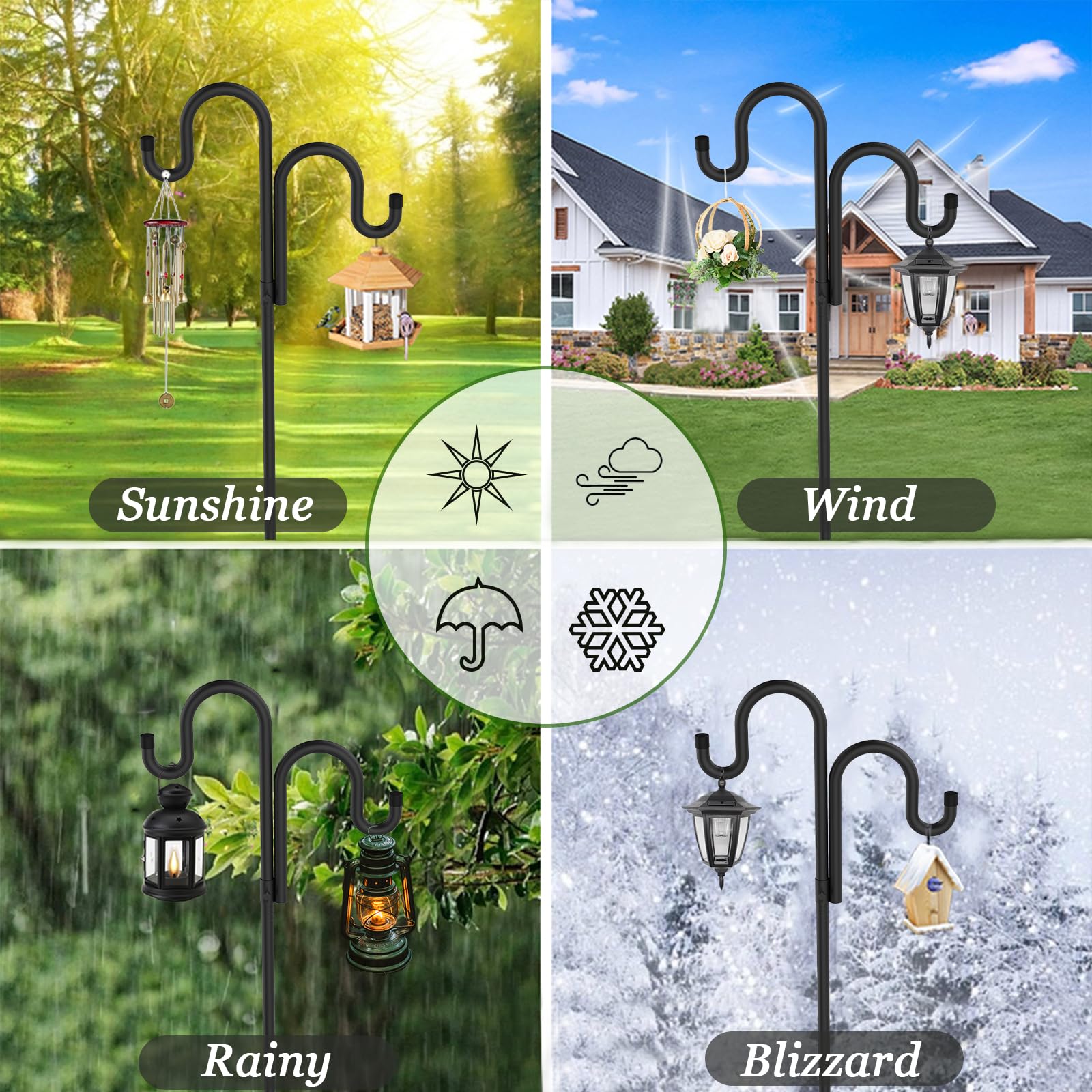 Double Shepherds Hooks for Outdoor,62 Inch/76 Inch/92 Inch, 2-Pack Heavy Duty Garden Pole for Hanging Bird Feeder, Plant Baskets, Solar Light Lanterns, Garden Plant Hanger Stands with 5 Base Prongs Double Shepherds Hooks for Outdoor,62 Inch/76 Inch/92 Inch, 2-Pack Heavy Duty Garden Pole for Hanging Bird Feeder, Plant Baskets, Solar Light Lanterns, Garden Plant Hanger Stands with 5 Base Prongs