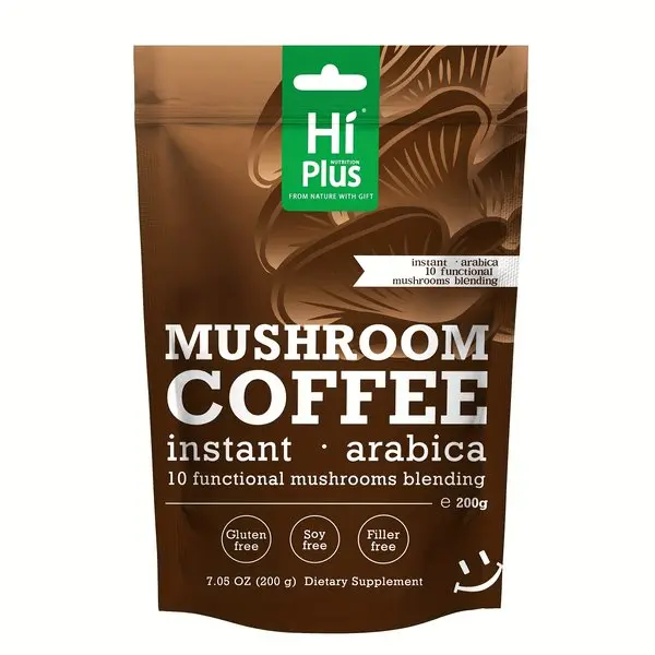 HiPlus Mushroom Coffee | Monkey Head Mushroom + Reishi + Cordyceps + Birch Mushroom + Cloud Ganoderma | Adaptogen Mushroom Instant Coffee Powder | Immune Support, Brain Focus, Natural Energy, Digestive Health, Anti-Oxidants | 7 Ounces