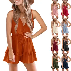 Goranbon Womens V Neck Beach Tank Rompers Flowy Ruffle Layered Shorts Jumpsuit High Waist