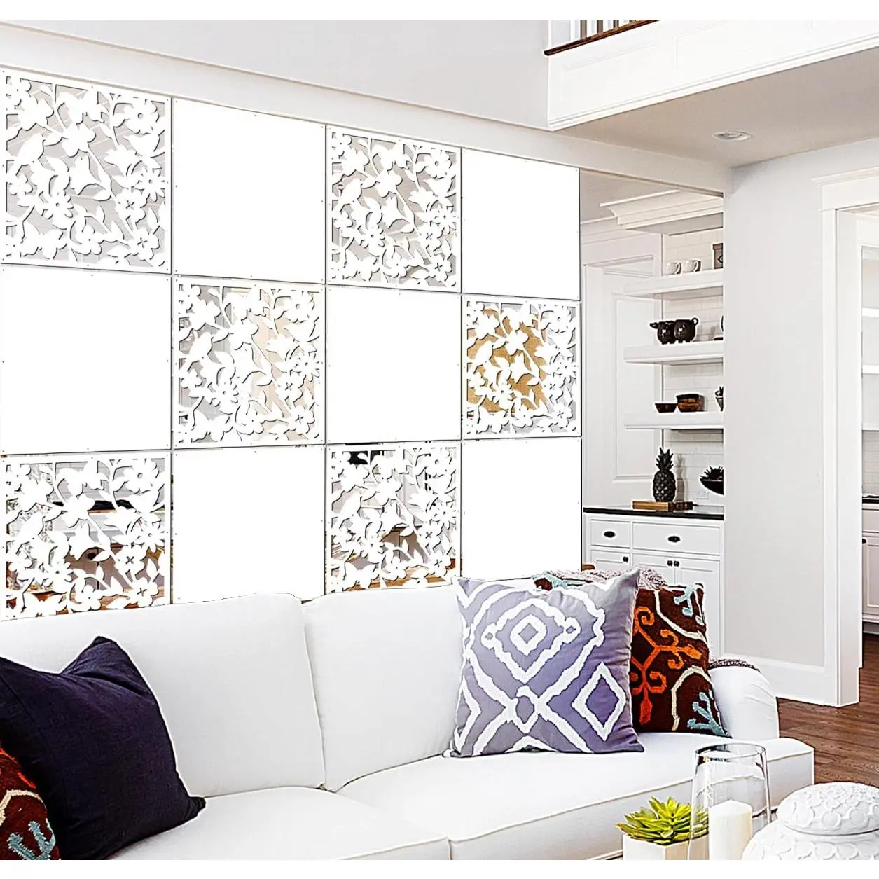 White Solid Board Cut Hanging Room Divider Panels - 12-Piece 15.7"x15.7"x0.03" Mixed-Style Indoor Furniture Screen, Divider Living Room Home Decoration Partition, Room Dividers