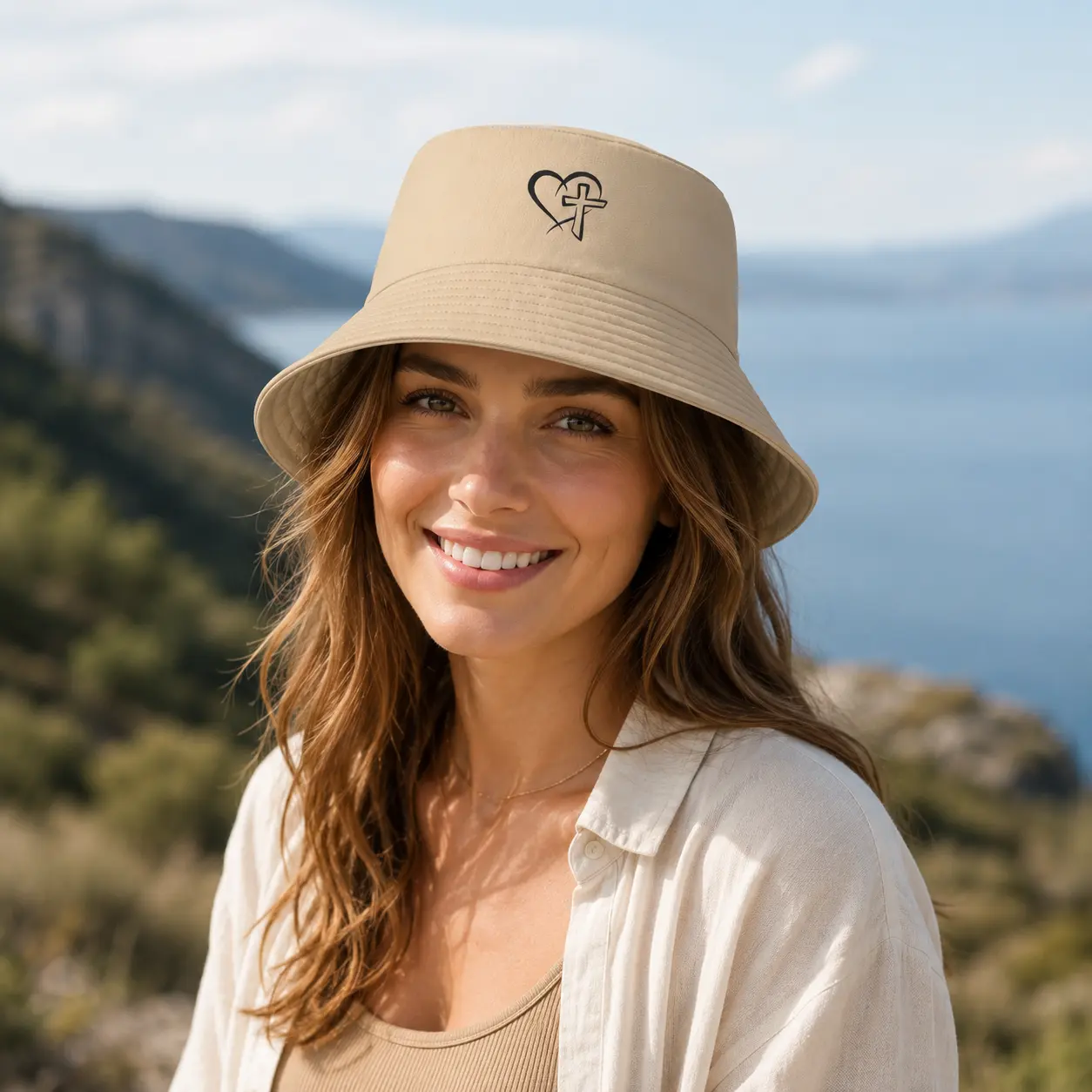 Christian Cross Heart Bucket Hat for Women and Men, Foldable Khaki Faith Sun Hat, Lightweight Packable Outdoor Fisherman Cap