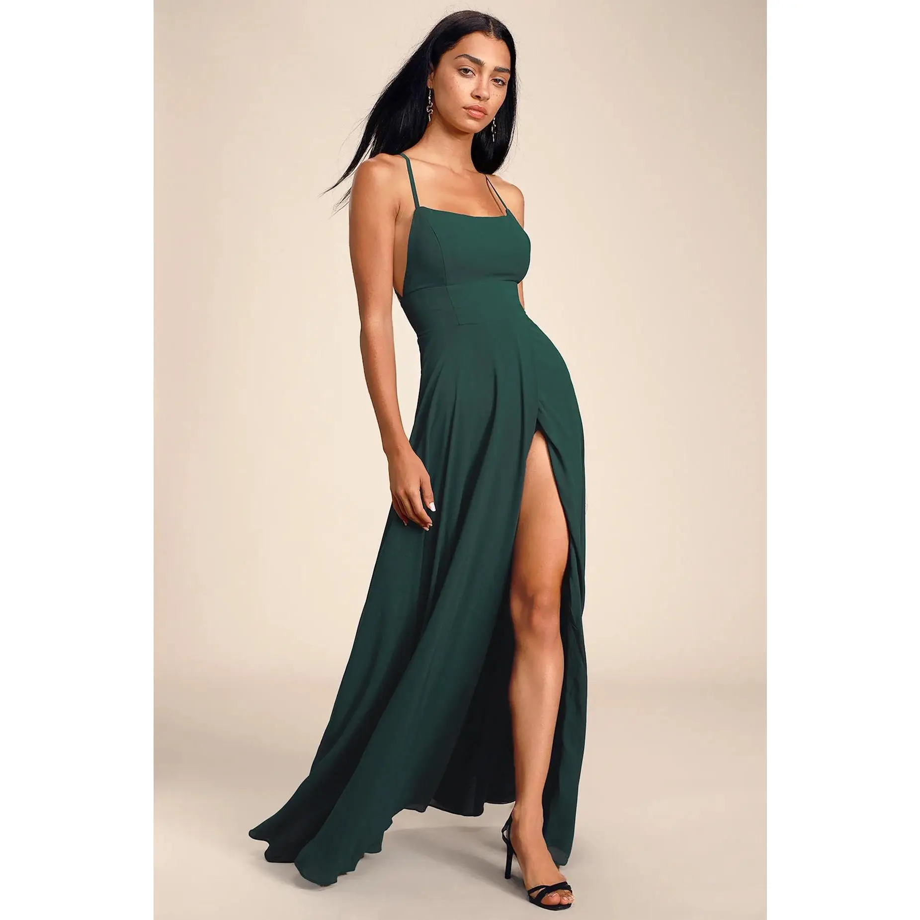 Lulus #559 Dreamy Romance Forest Green Backless Maxi Dress