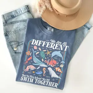 Comfort Colors We Are All Different Swim Together Vintage T-shirt Teacher  Back To School 2025 Inclusive Ocean Animals Tee Teacher Appreciation