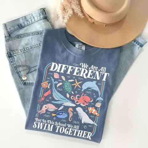 Comfort Colors We Are All Different Swim Together Vintage T-shirt Teacher  Back To School 2025 Inclusive Ocean Animals Tee Teacher Appreciation