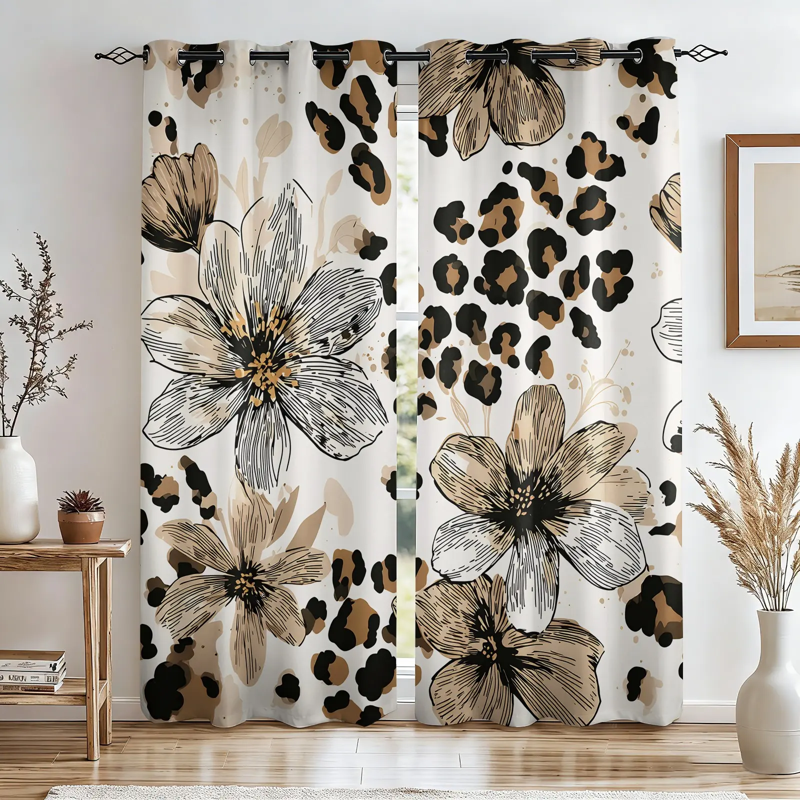 Classic Leopard Print & Vintage Floral Blackout Curtains 2Pcs/Set, No-Hook Ring Design, Washable Fabric, Bedroom Living Room Office Heat Insulation, UV Protection, High-End Stylish Home Decor, Gift Choice, Thermal Insulated Curtain